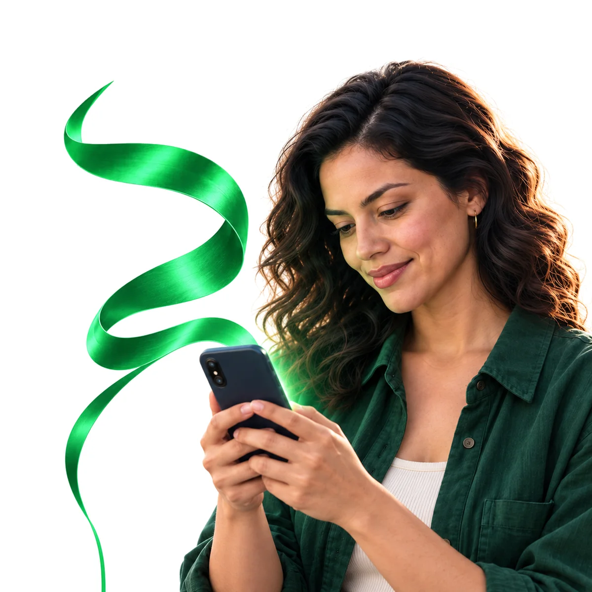 Una mujer revisa su trámite en el celular; de la pantalla sale una cinta verde que sube hasta el símbolo de ContyGo.